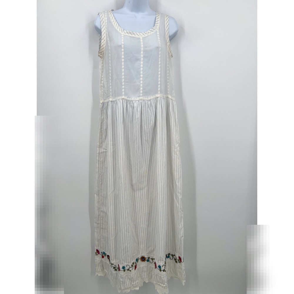 Johnny Was Sleeveless Dress Embroidered Lace Hem Striped Cotton Size S/M Boho
